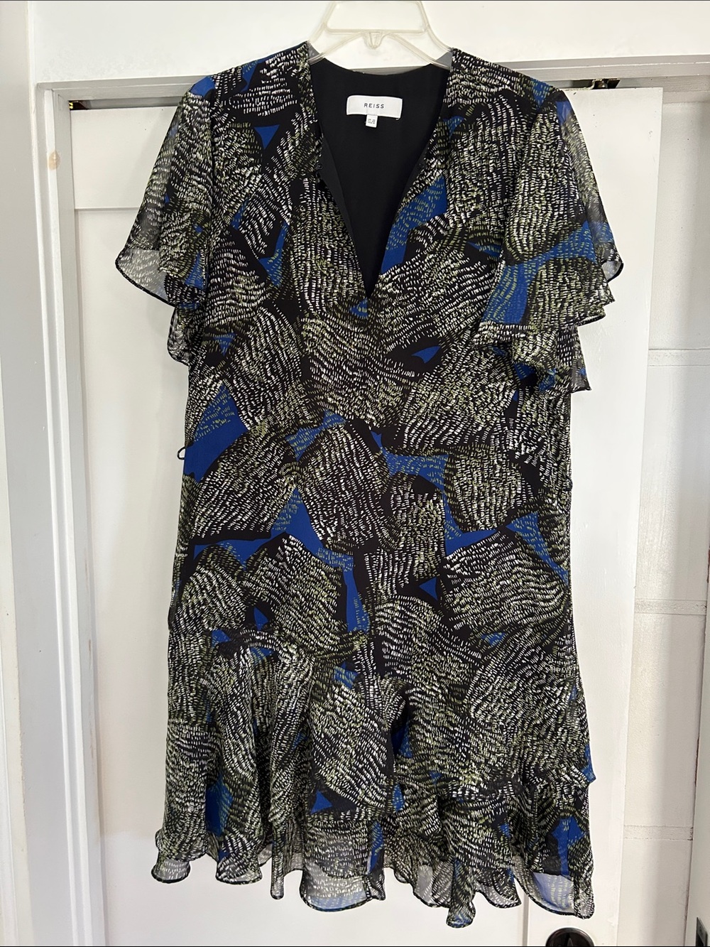 Reiss Black and Blue Abstract Ruffle Mini Dress